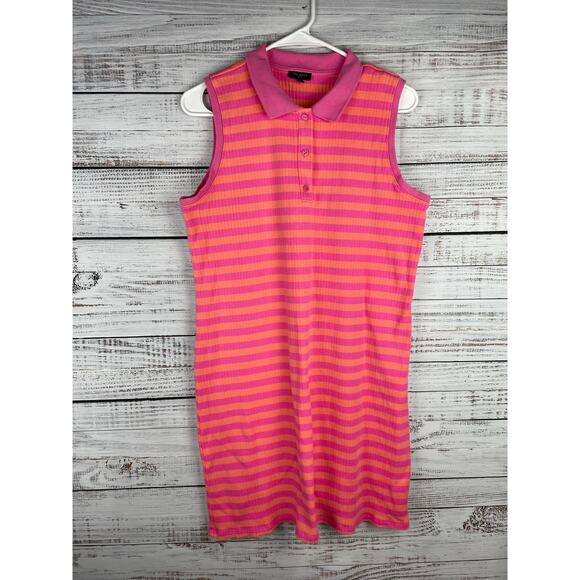 Talbots L Petite Pink Orange Stripe Dress Mini Sport Preppy Collared Sleevless - Picture 1 of 8